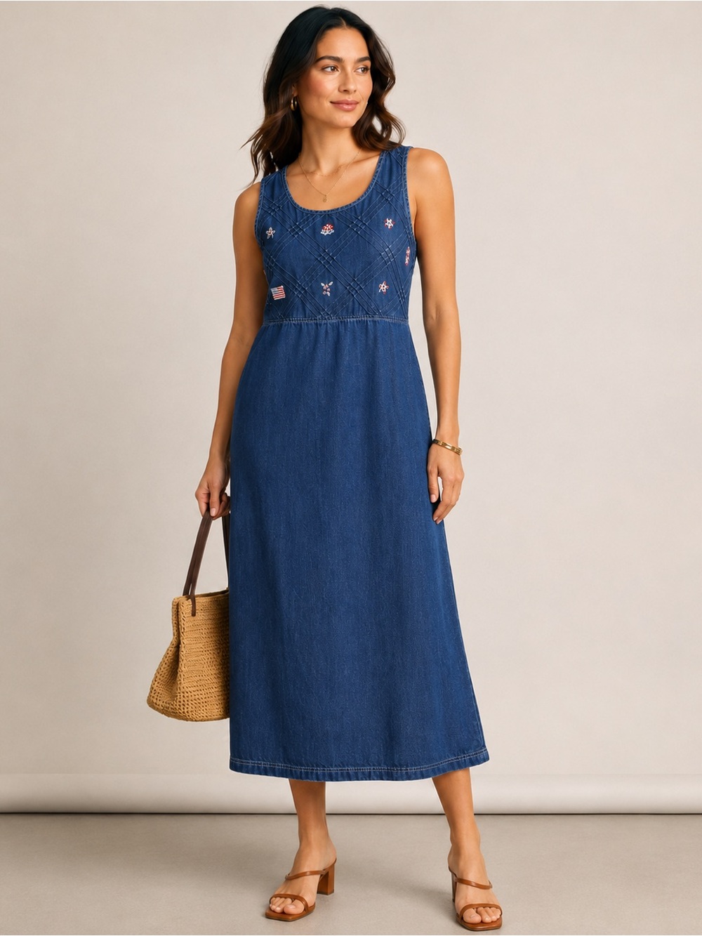 Vintage Koret City Blues Denim Midi Dress Embroidered M